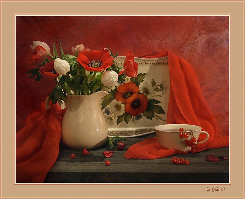 Still Life with Flowers and Cup — Red, Dramatic
