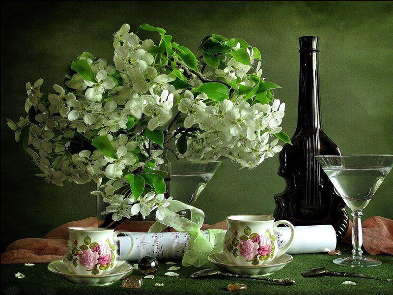 Still Life with Flowers and Cups — Green