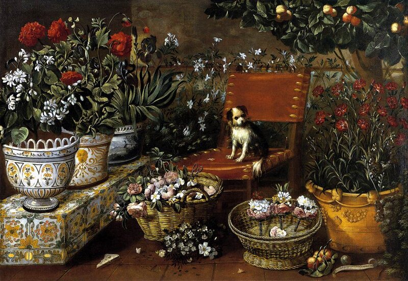 Still life with flowers and dog