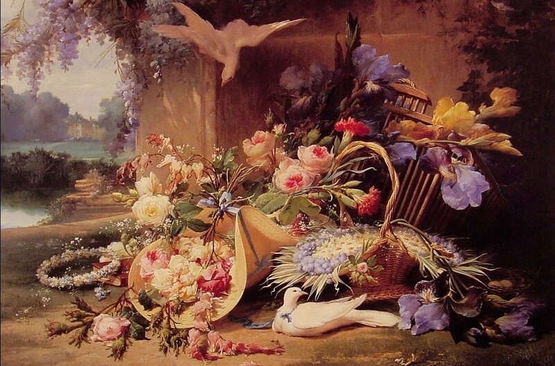 Still life with flowers and doves