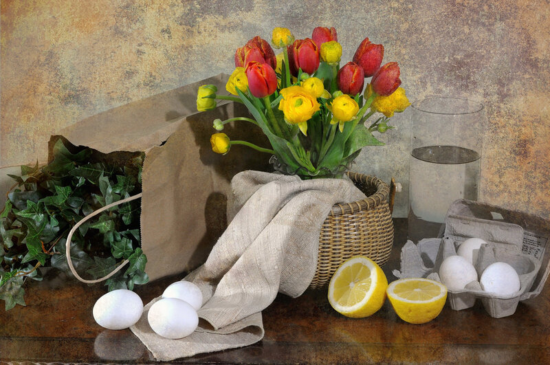Still life with flowers and eggs