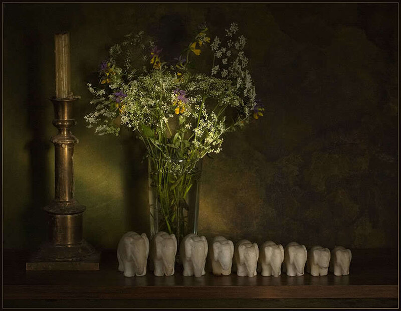 Still life with flowers and elephants