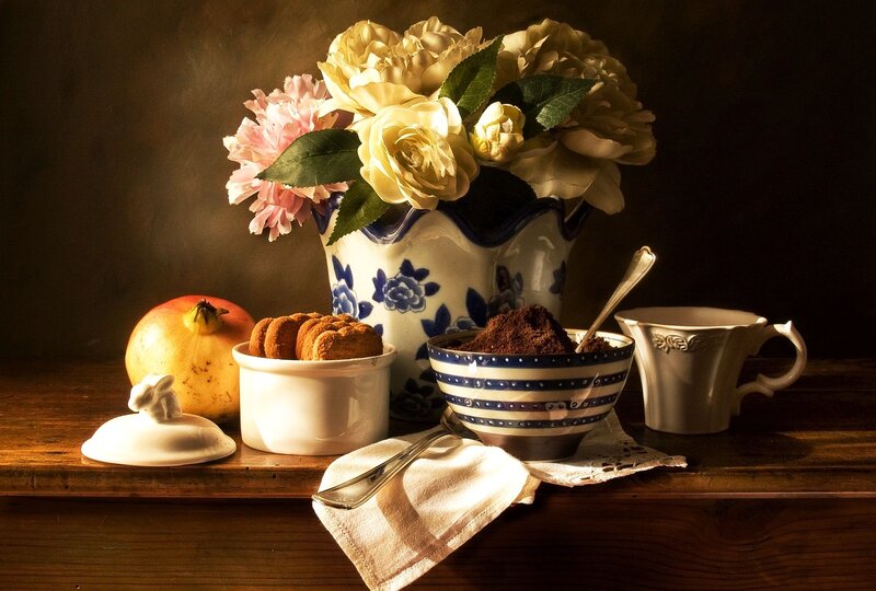 Still Life with Flowers and Food — Brown, Dramatic
