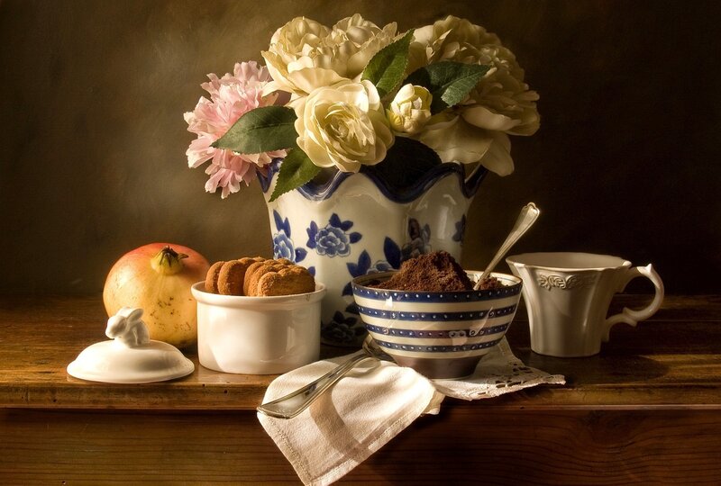 Still Life with Flowers and Food — Brown