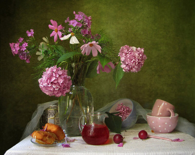 Still Life with Flowers and Food — Green, Calm