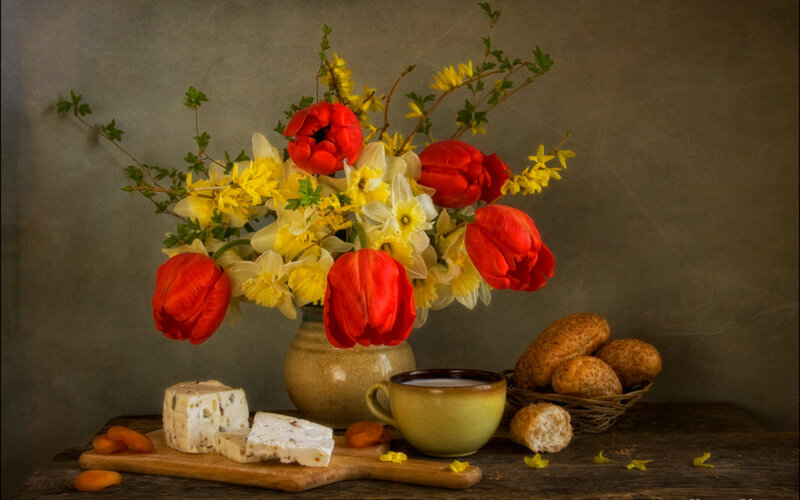 Still Life with Flowers and Food — Red