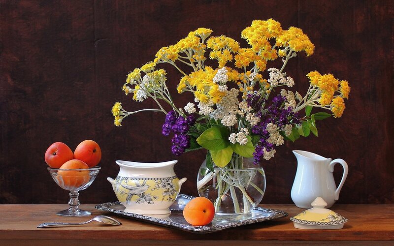 Still life with flowers and fruit