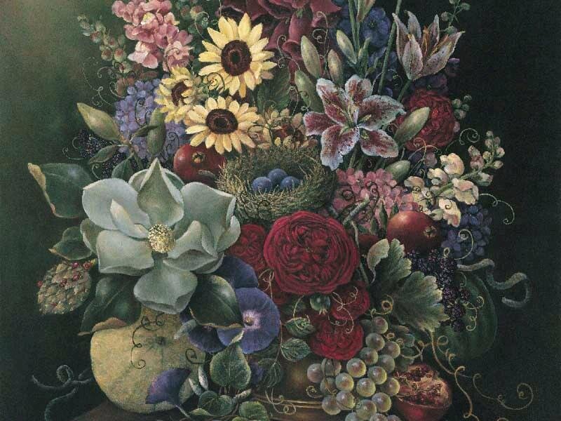 Still life with flowers and fruit