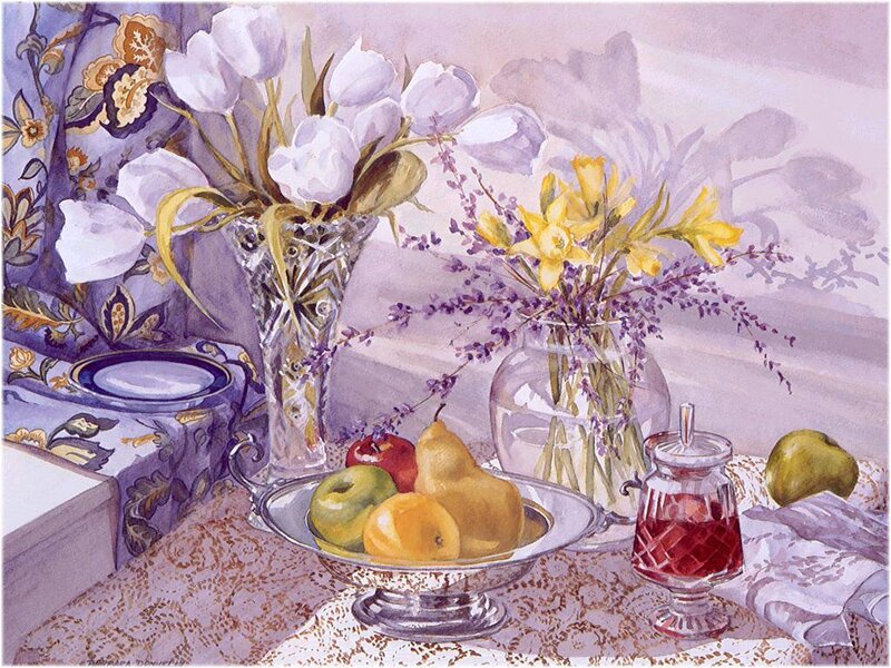 Still life with flowers and fruit