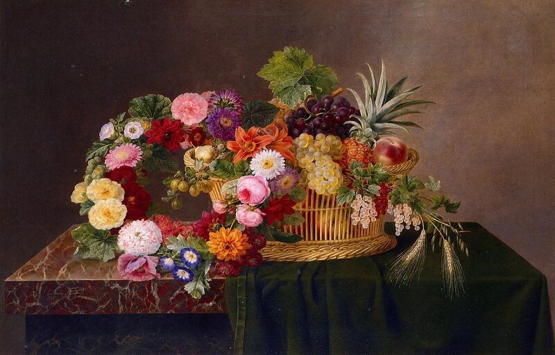Still life with flowers and fruit