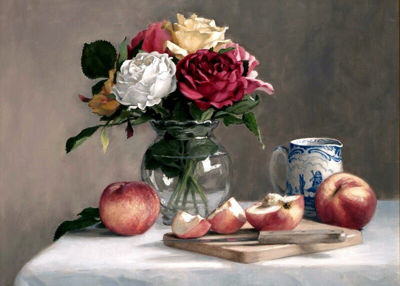Still life with flowers and fruit