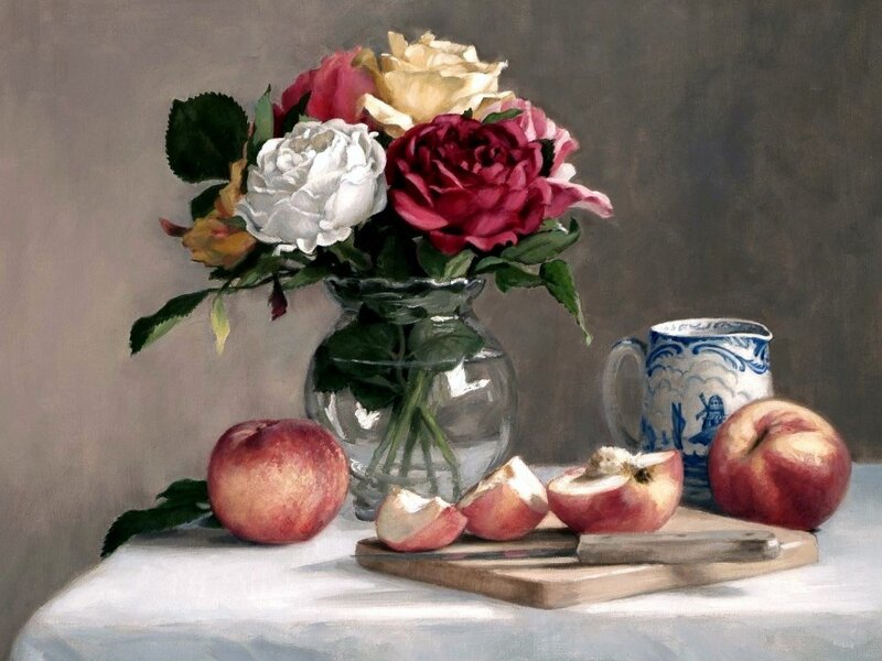 Still life with flowers and fruit