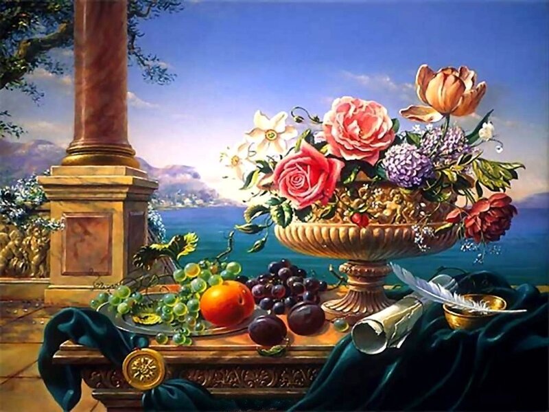 Still life with flowers and fruit