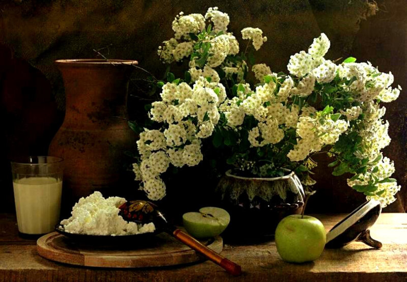 Still life with flowers and fruit