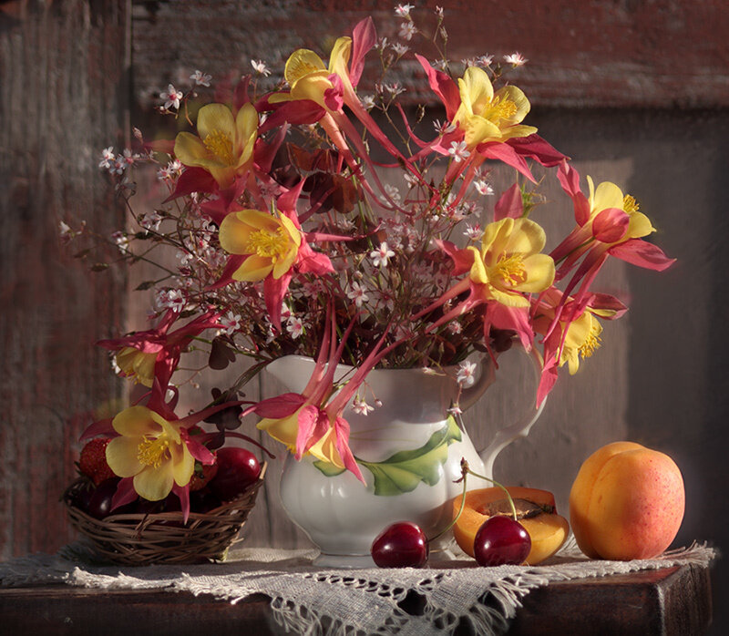 Still life with flowers and fruit