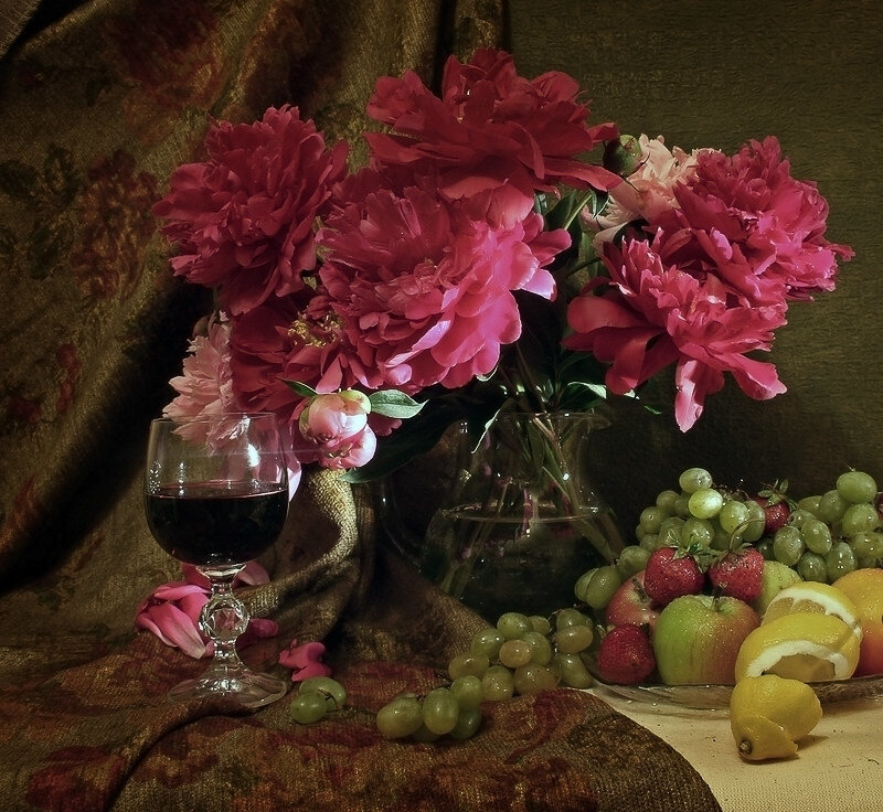 Still life with flowers and fruit
