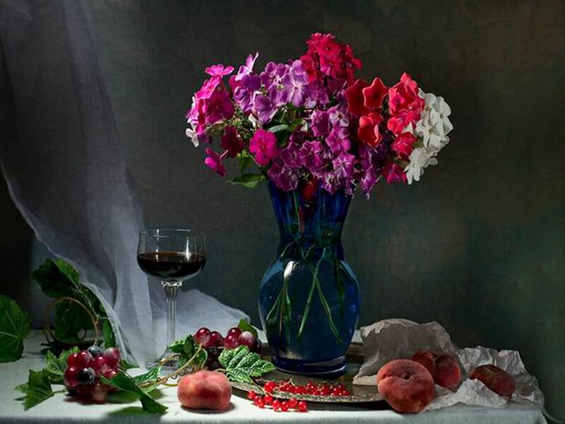 Still life with flowers and fruit