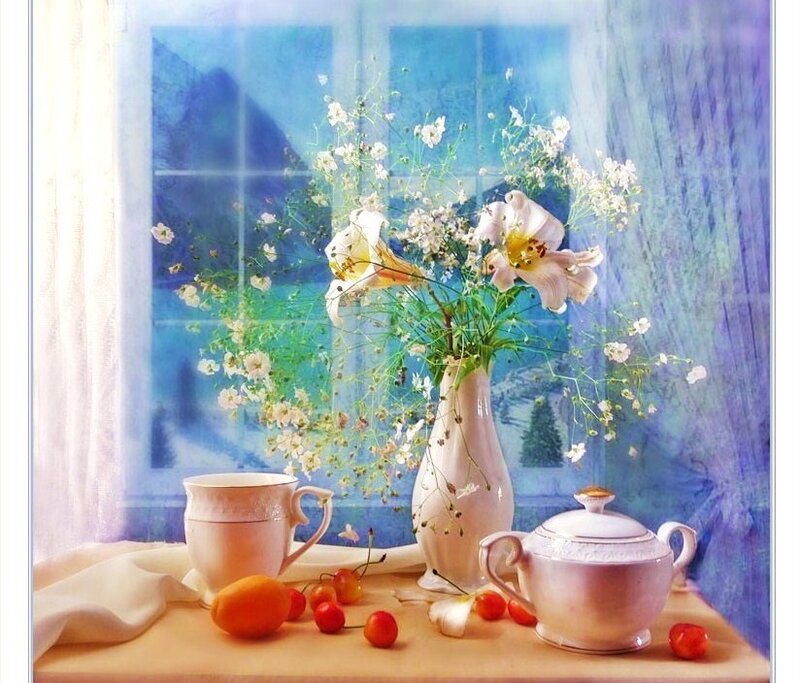 Still life with flowers and fruit