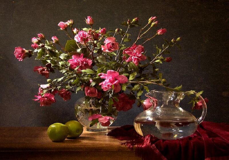 Still life with flowers and fruit