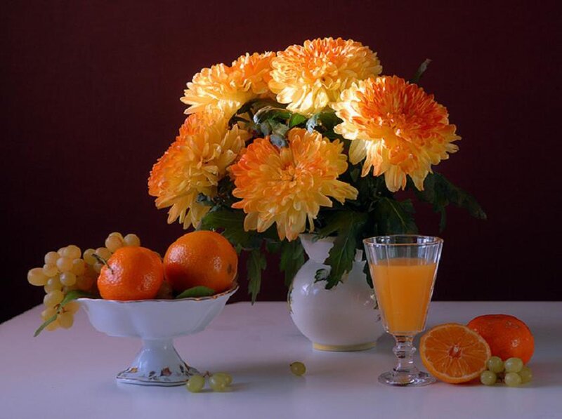 Still life with flowers and fruit