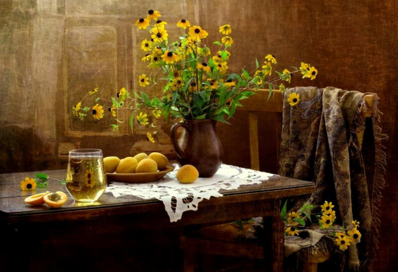 Still life with flowers and fruit