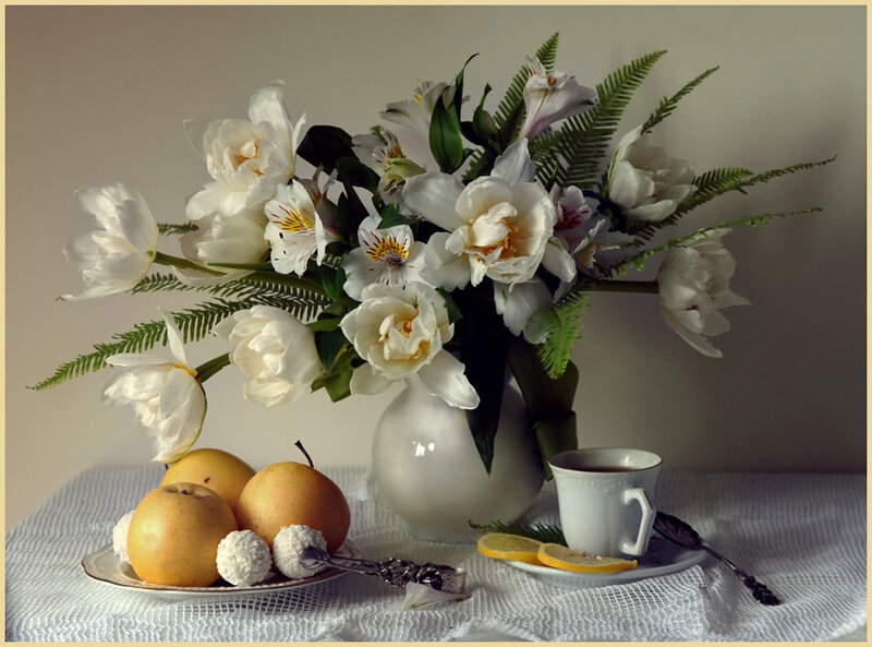 Still life with flowers and fruit