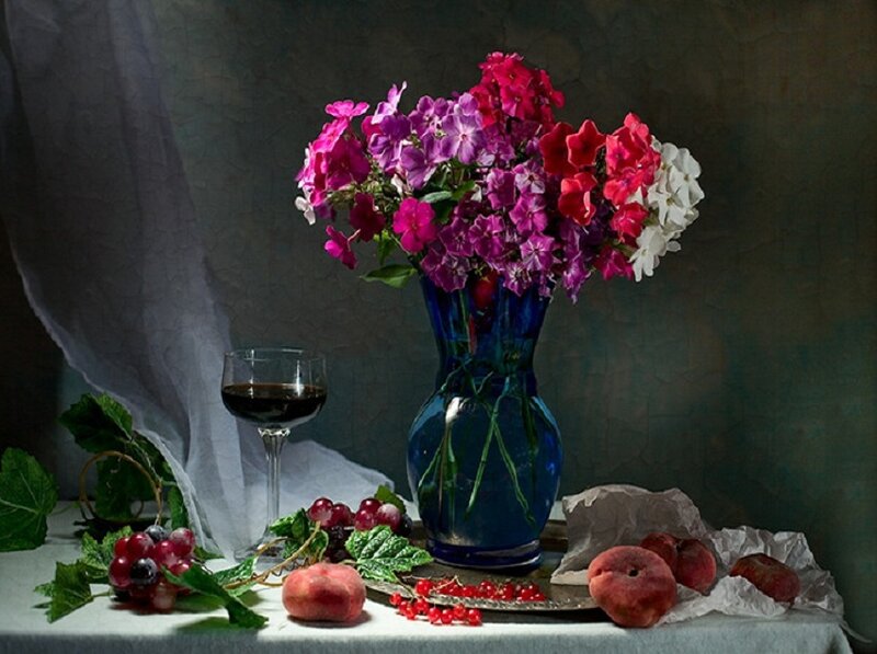 Still life with flowers and fruit