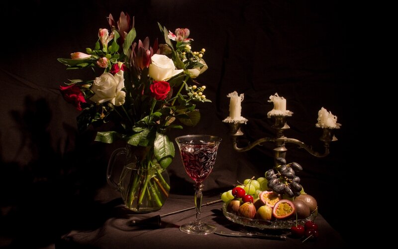 Still life with flowers and fruit