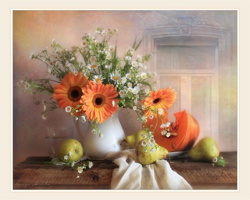 Still life with flowers and fruit