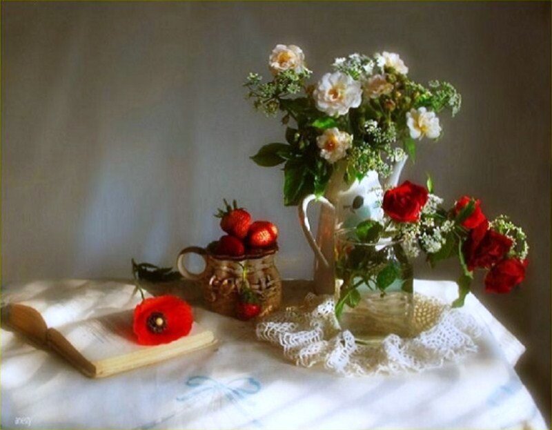 Still life with flowers and fruit