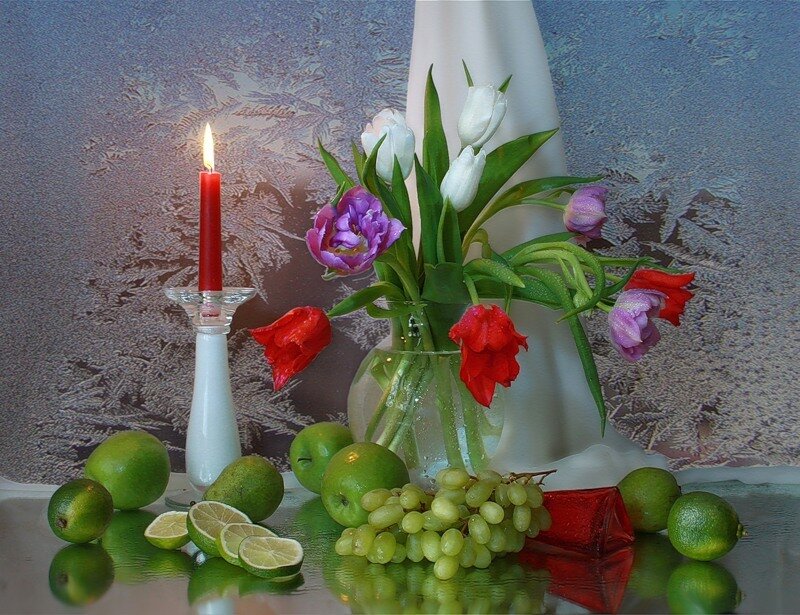 Still life with flowers and fruit