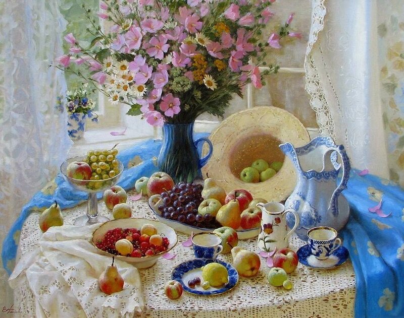 Still life with flowers and fruit