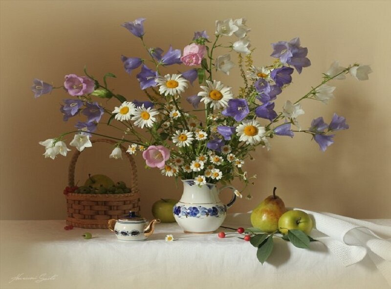 Still life with flowers and fruit