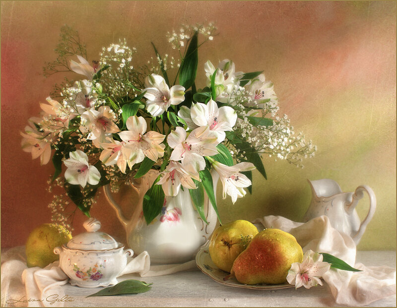 Still life with flowers and fruit
