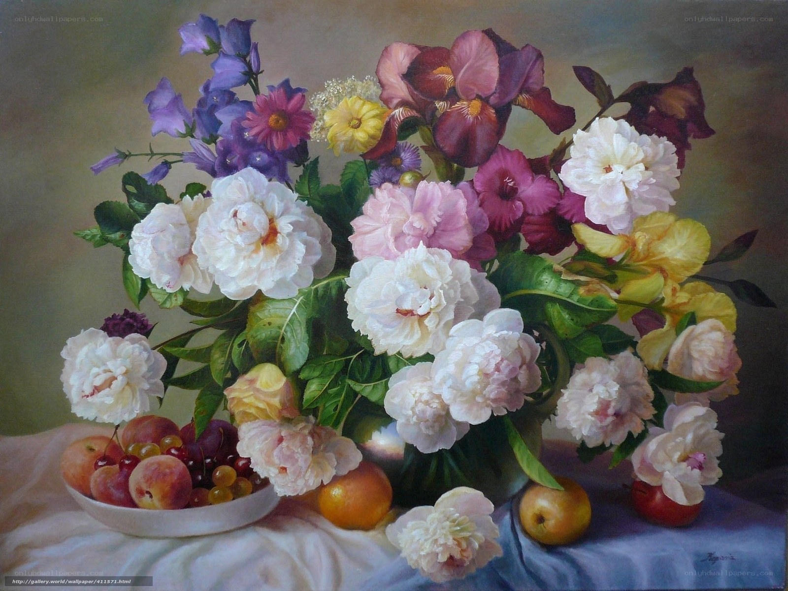 Still life with flowers and fruit