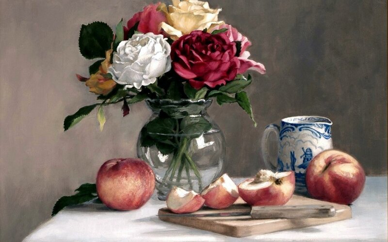 Still life with flowers and fruit