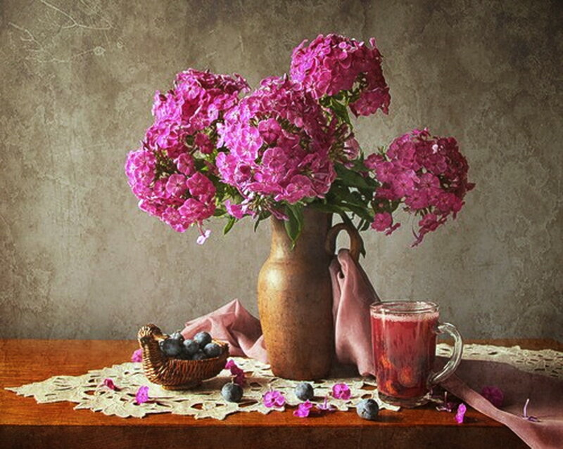 Still life with flowers and fruit