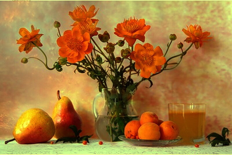 Still life with flowers and fruit