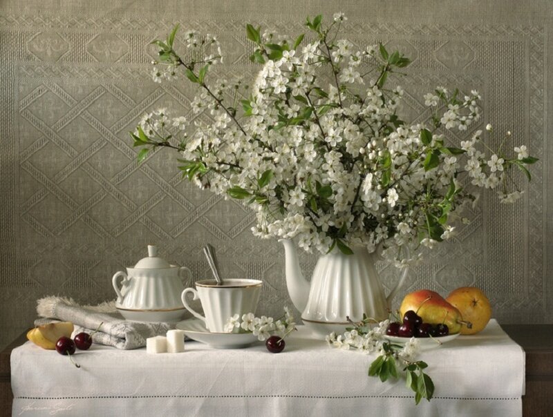 Still life with flowers and fruit