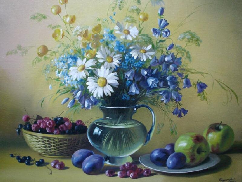 Still life with flowers and fruit