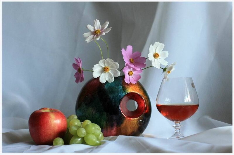 Still life with flowers and fruit