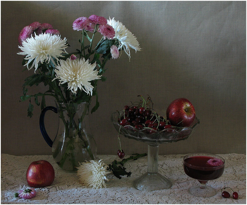 Still life with flowers and fruit