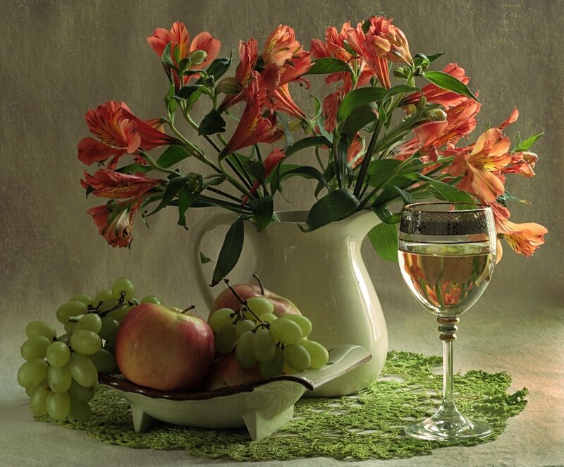 Still life with flowers and fruit