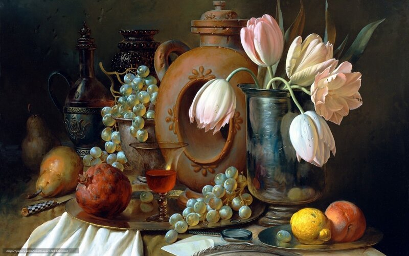 Still life with flowers and fruit