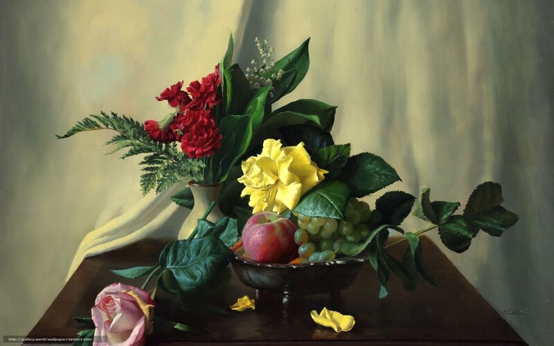 Still life with flowers and fruit