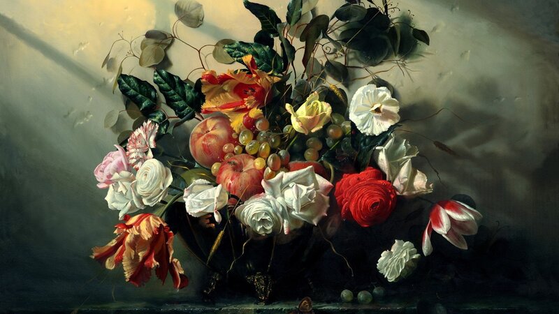 Still life with flowers and fruit