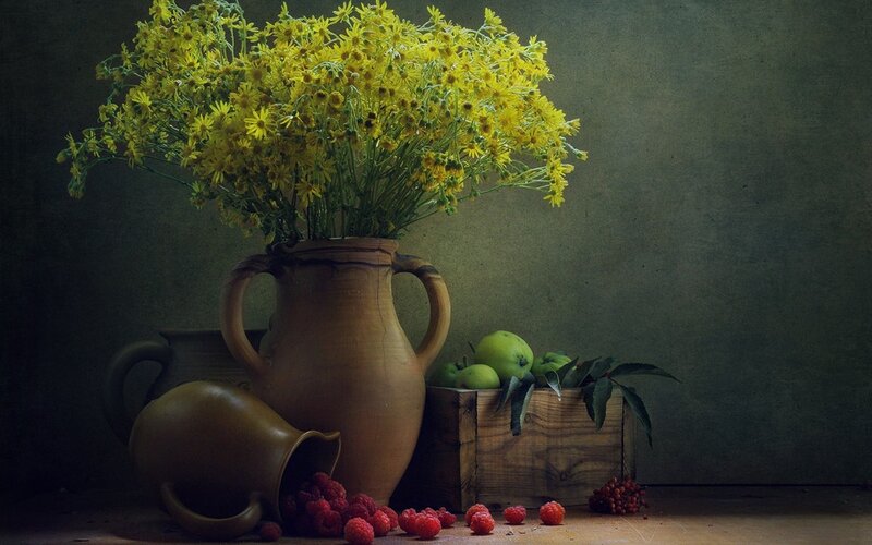 Still life with flowers and fruit