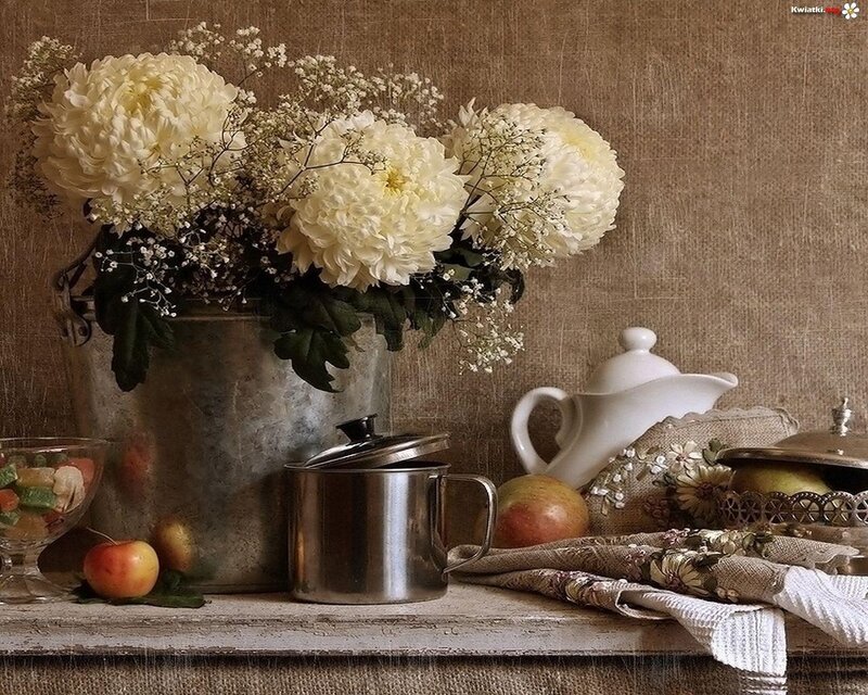 Still Life with Flowers and Fruit — Beige