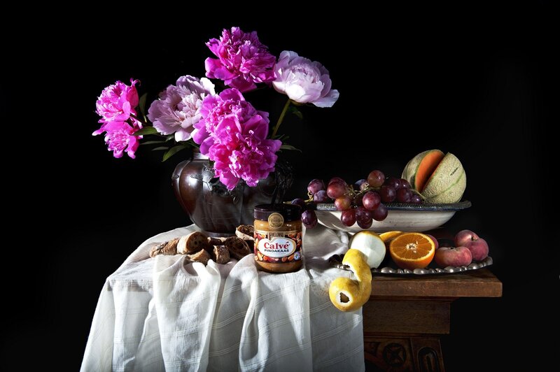 Still Life with Flowers and Fruit — Black, Dramatic