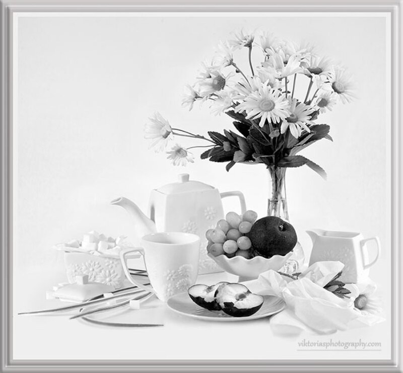 Still Life with Flowers and Fruit — Black, Serene